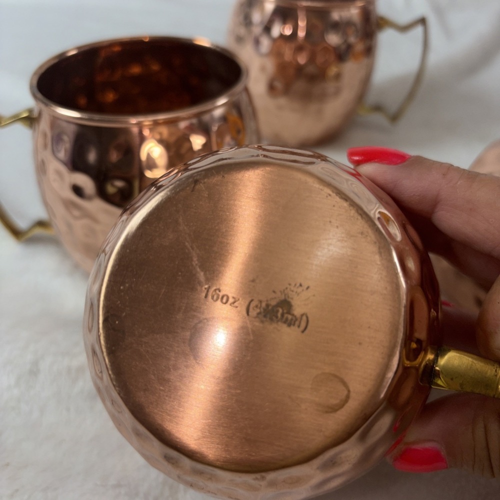 Solid Copper Classic Hammered Moscow Mule Cups Set of 4 Brass Handles Patina GUC - Picture 8 of 12